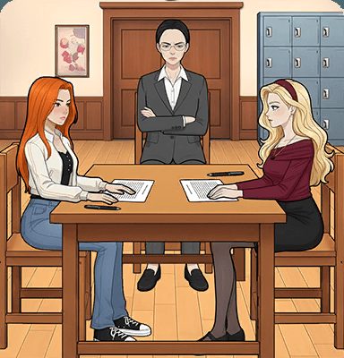 Tricky Story Story 2: Hidden Heiress уровень 24: Помогите Райли ответить на экзамен учителя — скриншот сцены